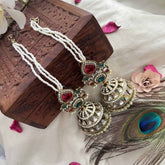 Vriksham Devika Kundan Red & Green Stone Tops With Pearl Strings & Mirror Dome Jhumka With Earchain-G20162